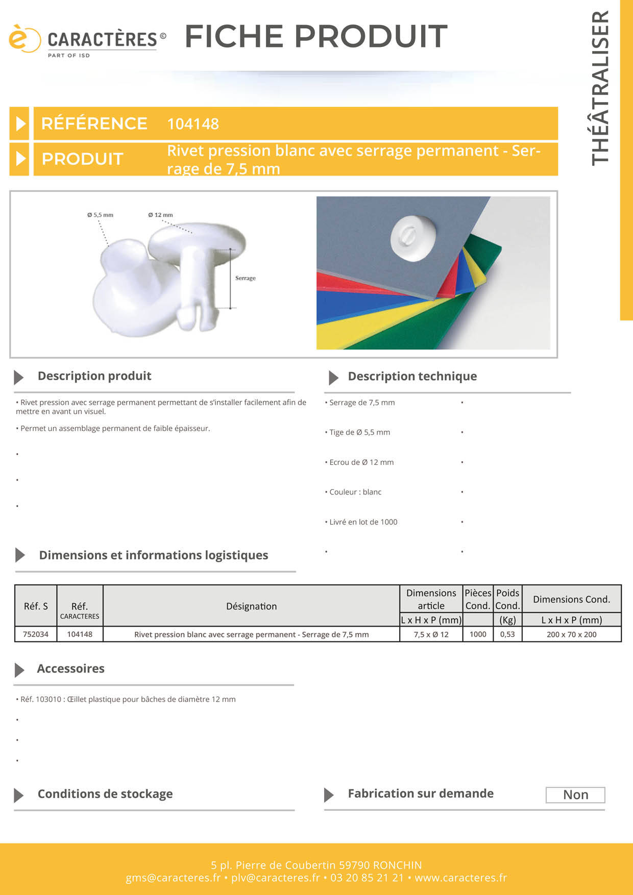 Rivet pression écrou de Ø 12 mm blanc avec serrage permanent de 7,5 mm