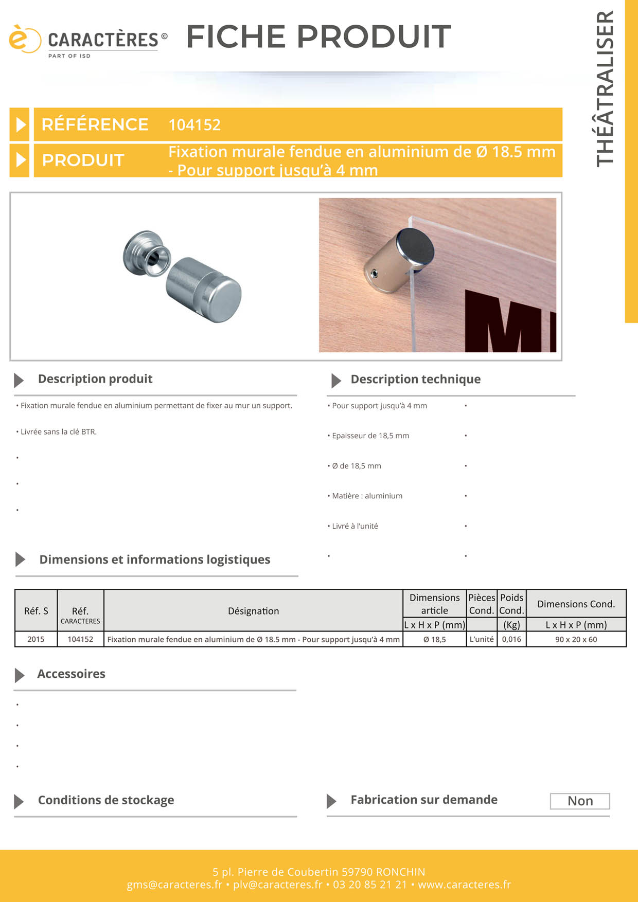 Fixation murale fendue en aluminium de Ø 18,5 mm - Pour support jusqu'à 4 mm
