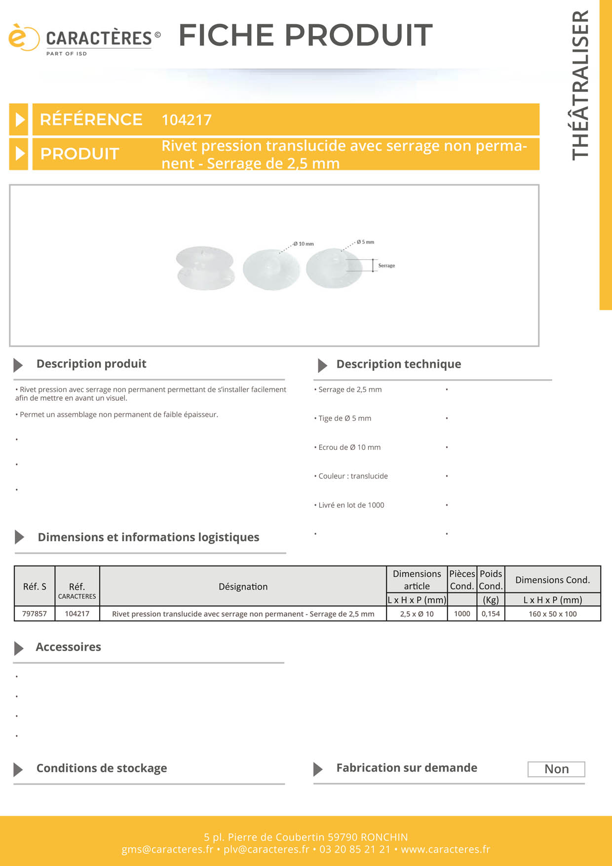 Rivet pression écrou de Ø 10 mm translucide avec serrage non permanent de 2.5 mm
