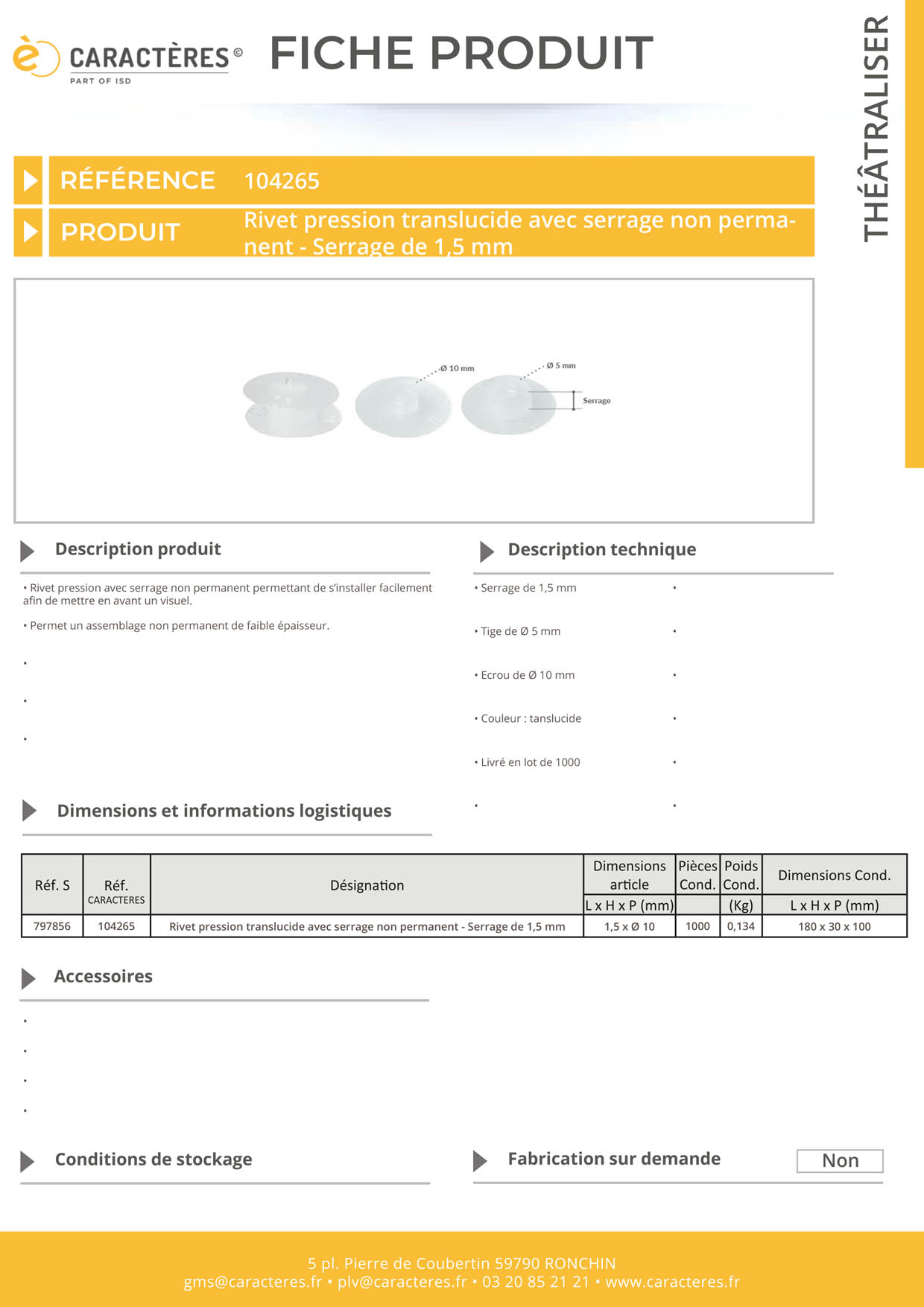 Rivet pression écrou de Ø 10 mm translucide avec serrage non permanent de 1,5 mm