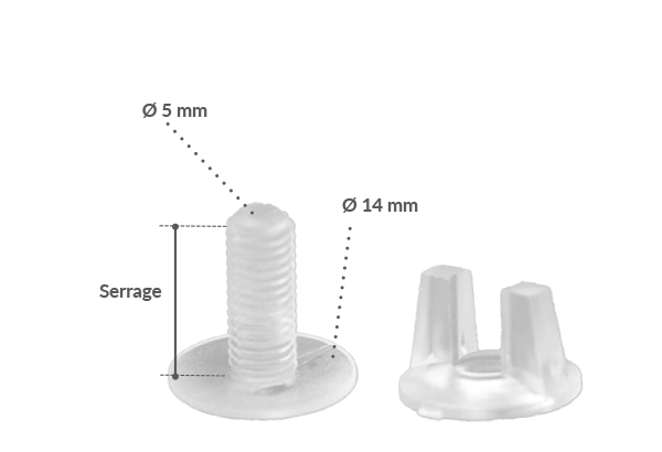 Vis + écrou à ailette transparent à visser avec serrage de 1 à 10 mm