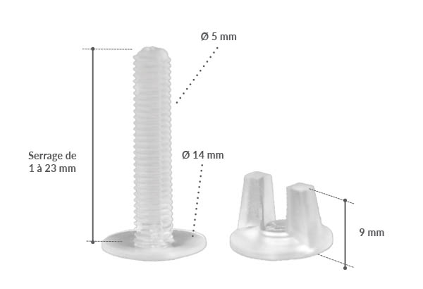Vis + écrou à ailette transparent à visser avec serrage de 1 à 23 mm