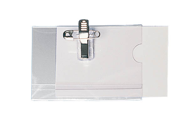 Badge porte-nom en PVC avec pince clip et épingle - 75 x 42 mm