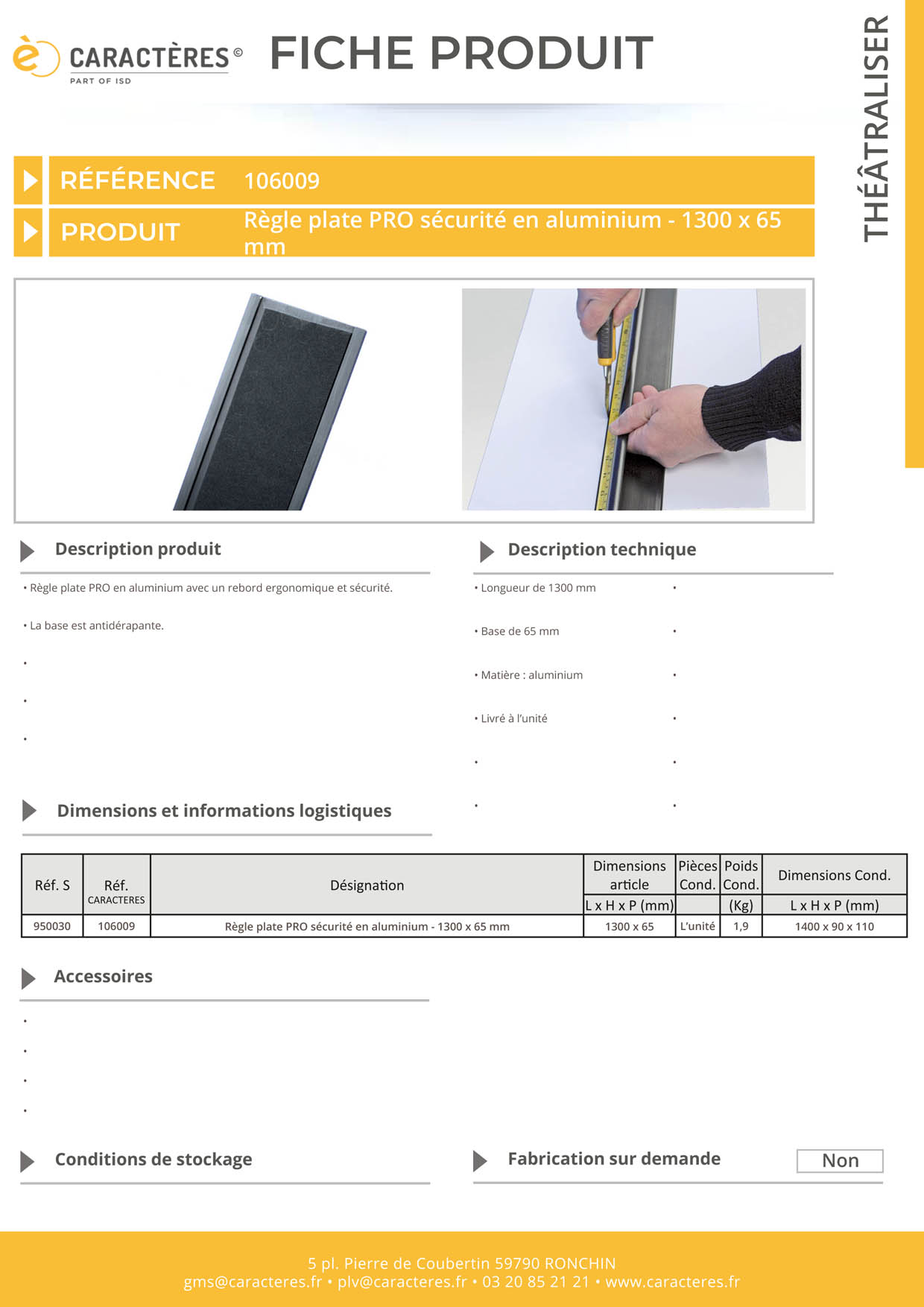 Règle plate PRO sécurité en aluminium - 1300 x 65 mm