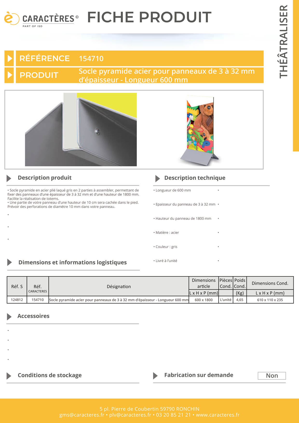 Socle pyramide en métal pour panneaux - Longueur 600 mm
