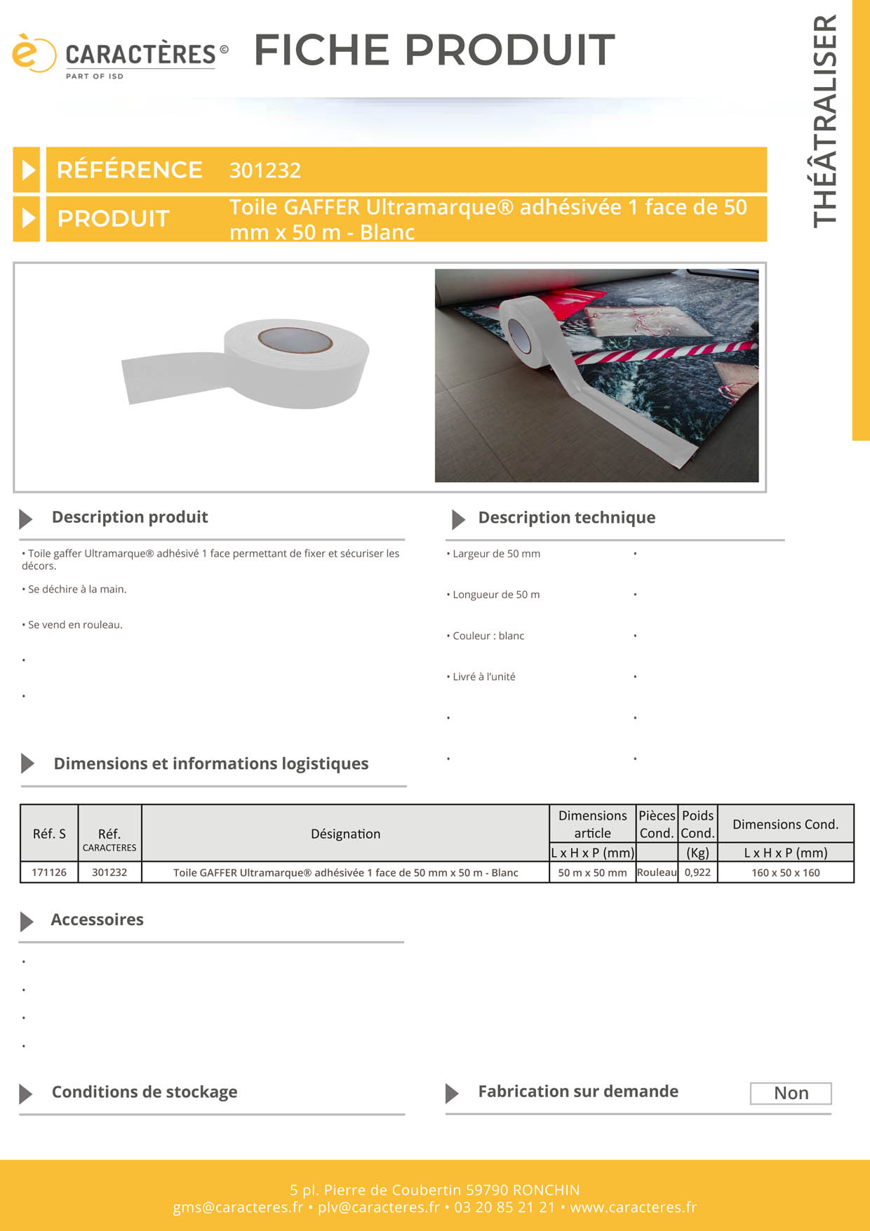 Toile GAFFER Ultramarque® adhésivée 1 face de 50 mm x 50 m - Blanc