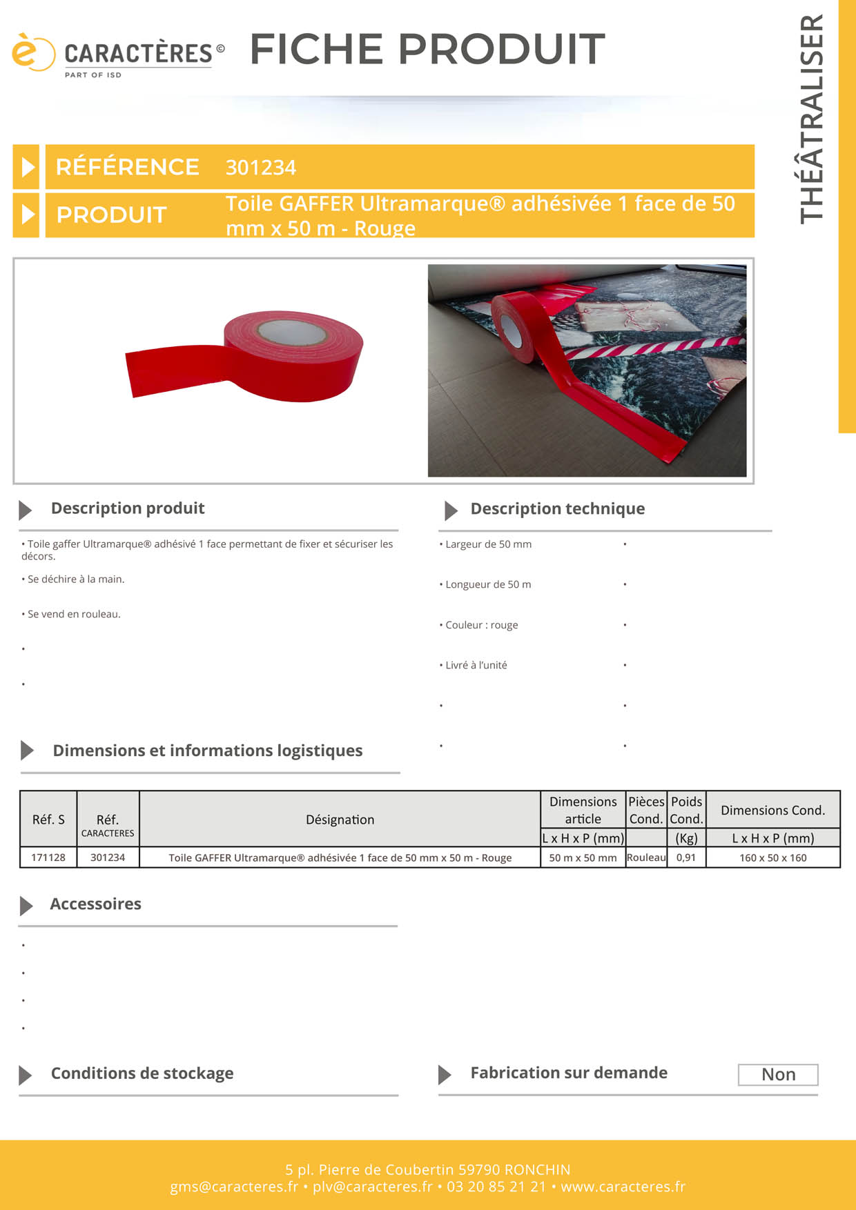 Toile GAFFER Ultramarque® adhésivée 1 face de 50 mm x 50 m - Rouge