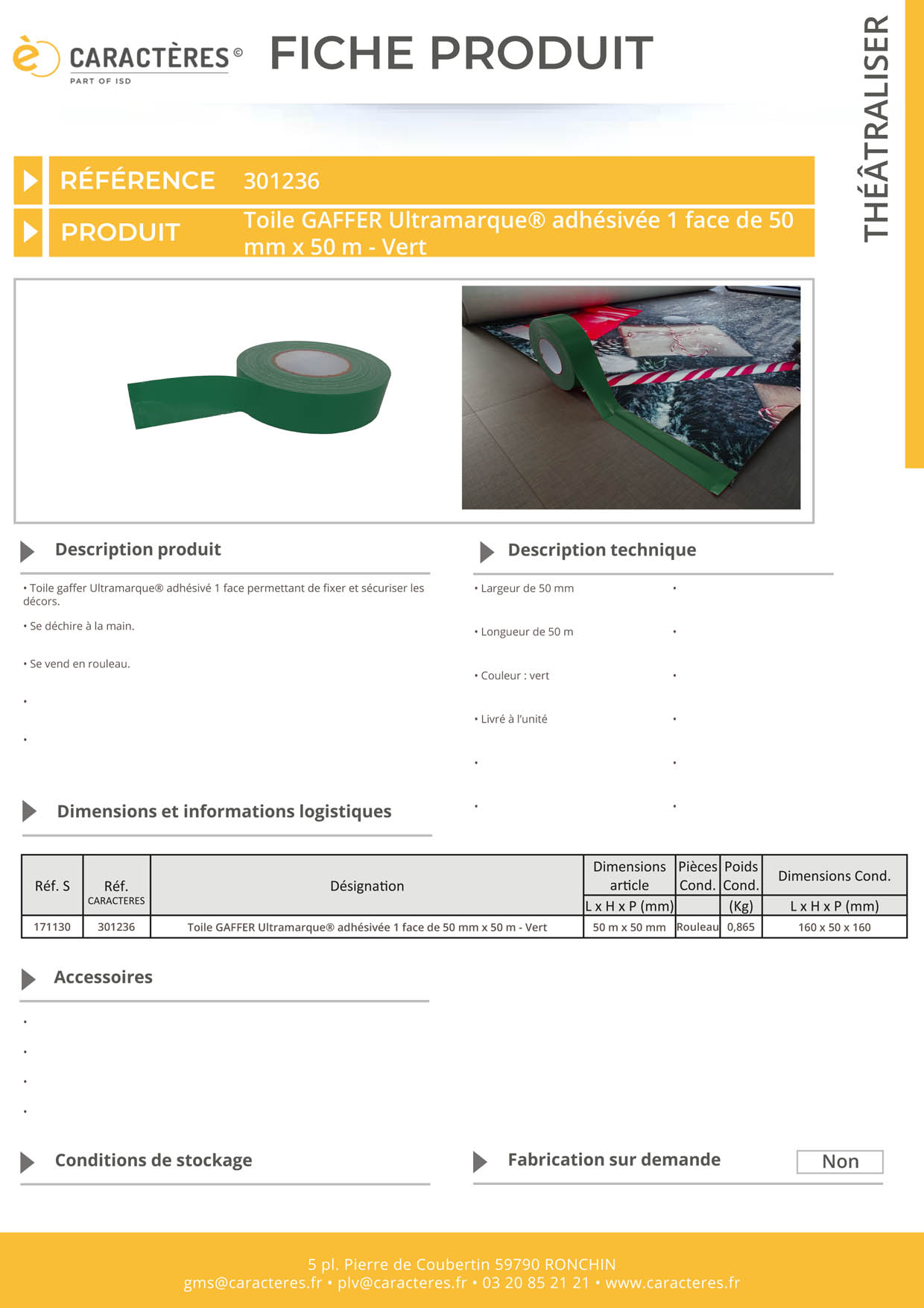 Toile GAFFER Ultramarque® adhésivée 1 face de 50 mm x 50 m - Vert
