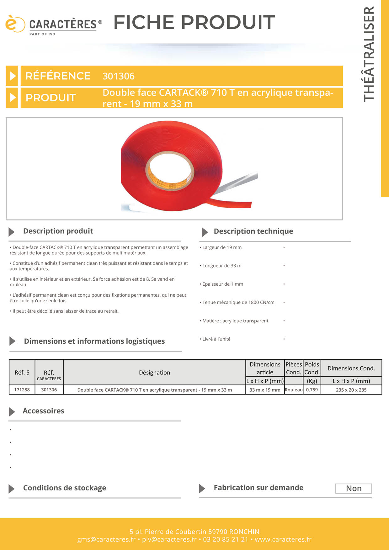 Double face CARTACK® 710 T en acrylique transparent - 19 mm x 33 m