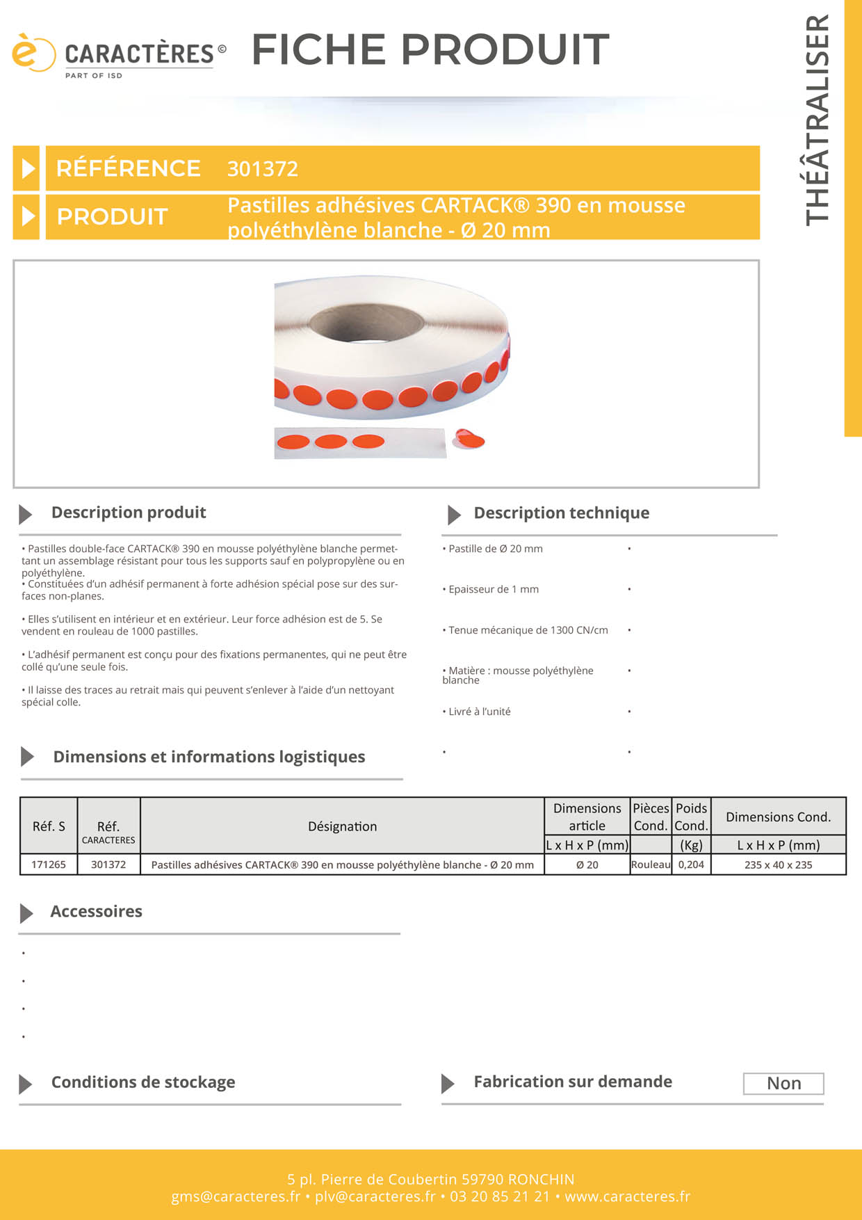 Lot de 1000 pastilles adhésives CARTACK® 390 en mousse blanche - Ø 20 mm