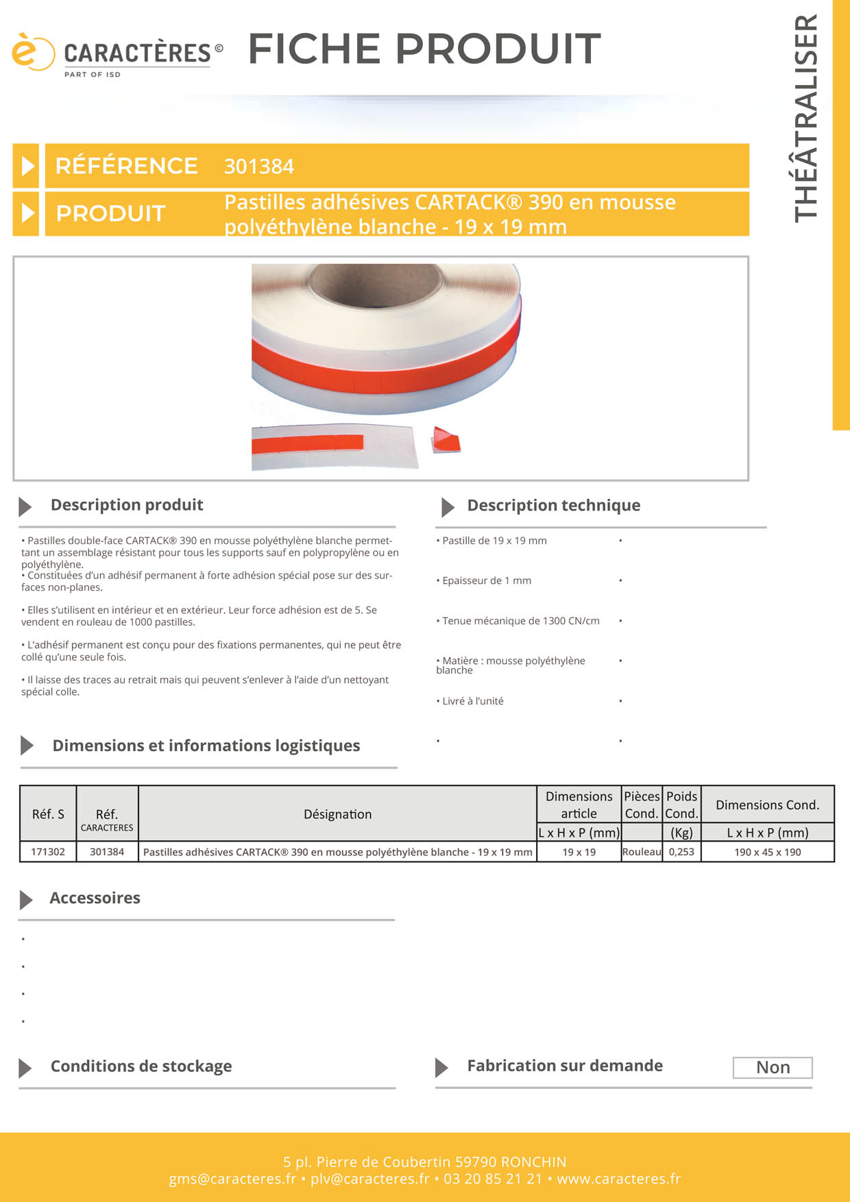 Pastilles adhésives CARTACK® 390 en mousse polyéthylène blanche - 19 x 19 mm