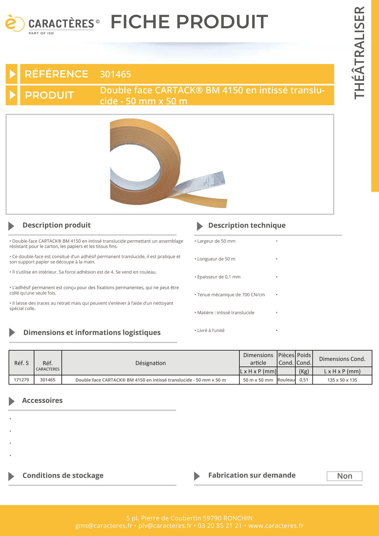 Double face CARTACK® BM 4150 en intissé translucide - 50 mm x 50 m