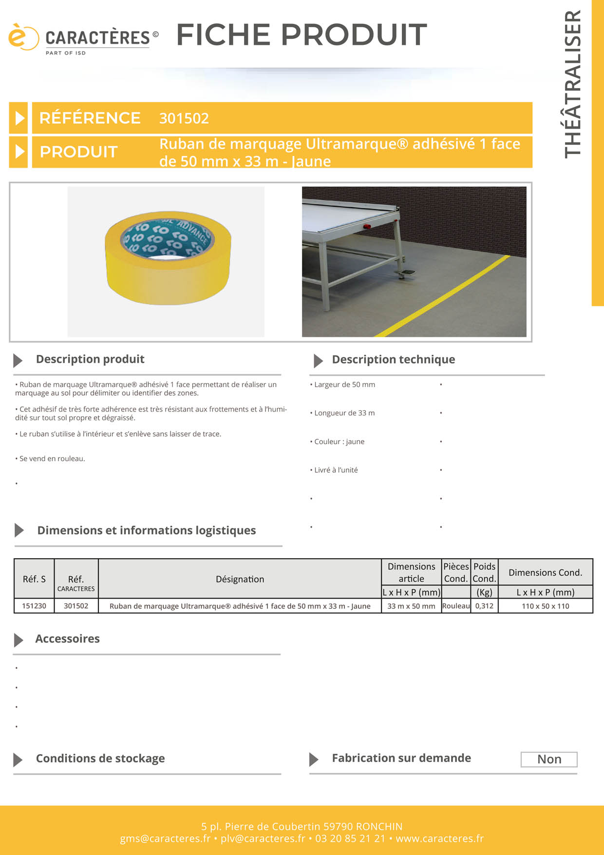 Ruban de marquage Ultramarque® adhésivé 1 face de 50 mm x 33 m - Jaune