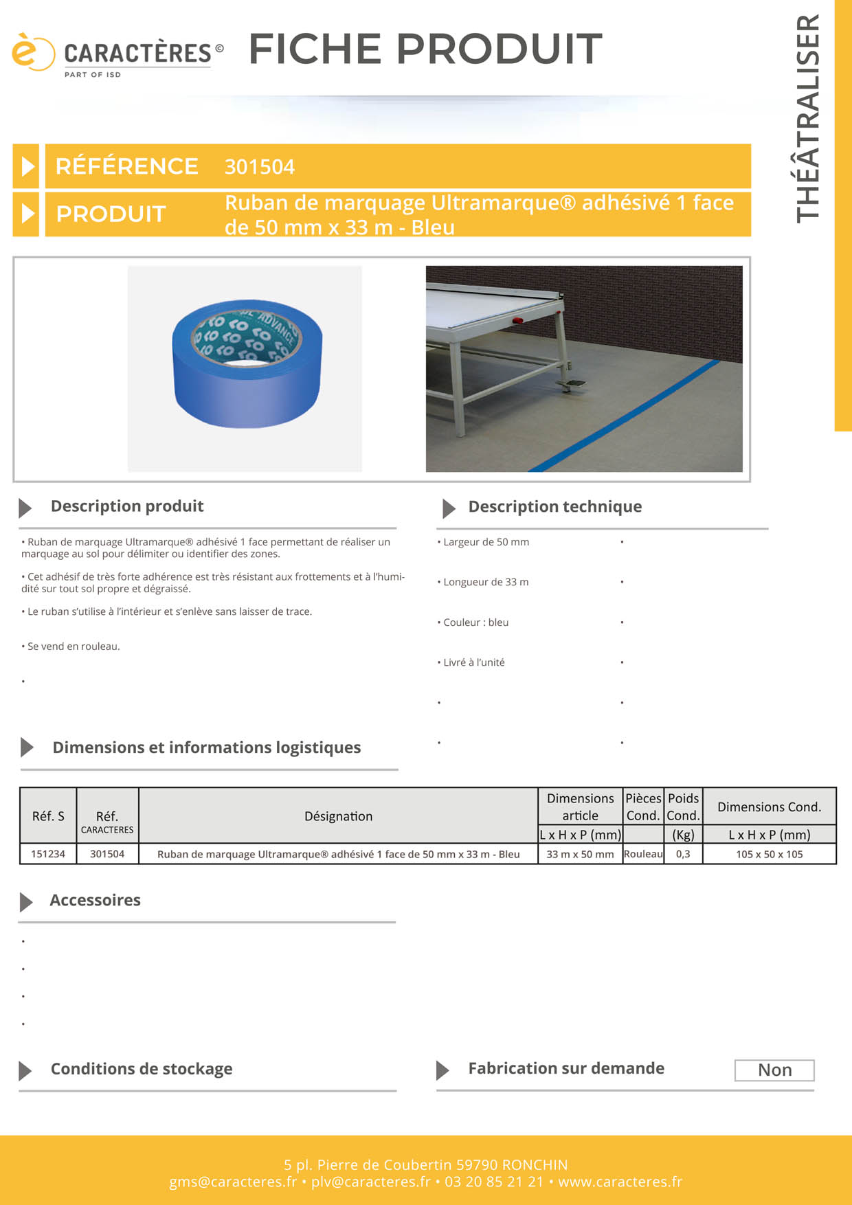 Ruban de marquage Ultramarque® adhésivé 1 face de 50 mm x 33 m - Bleu