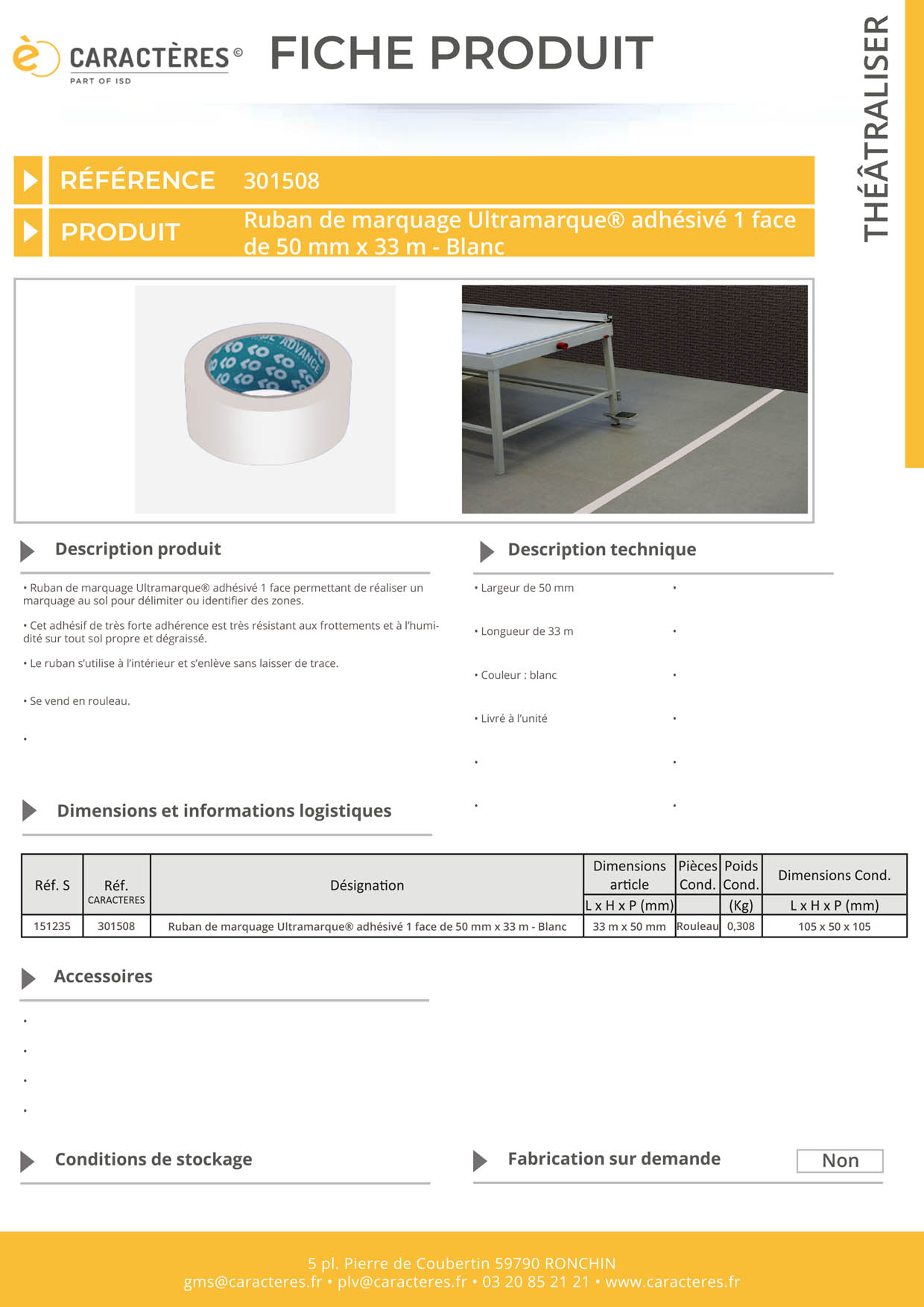 Ruban de marquage Ultramarque® adhésivé 1 face de 50 mm x 33 m - Blanc
