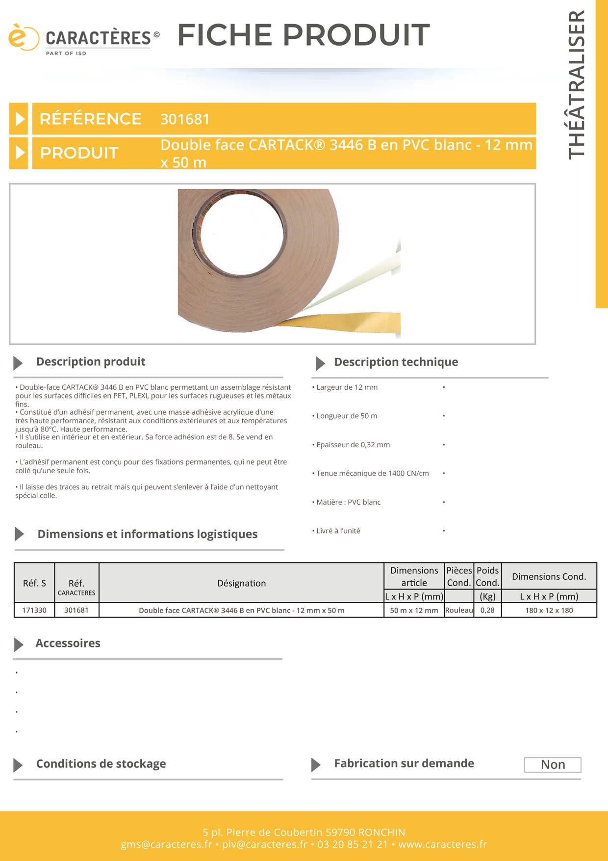 Double face CARTACK® 3446 B en PVC blanc - 12 mm x 50 m