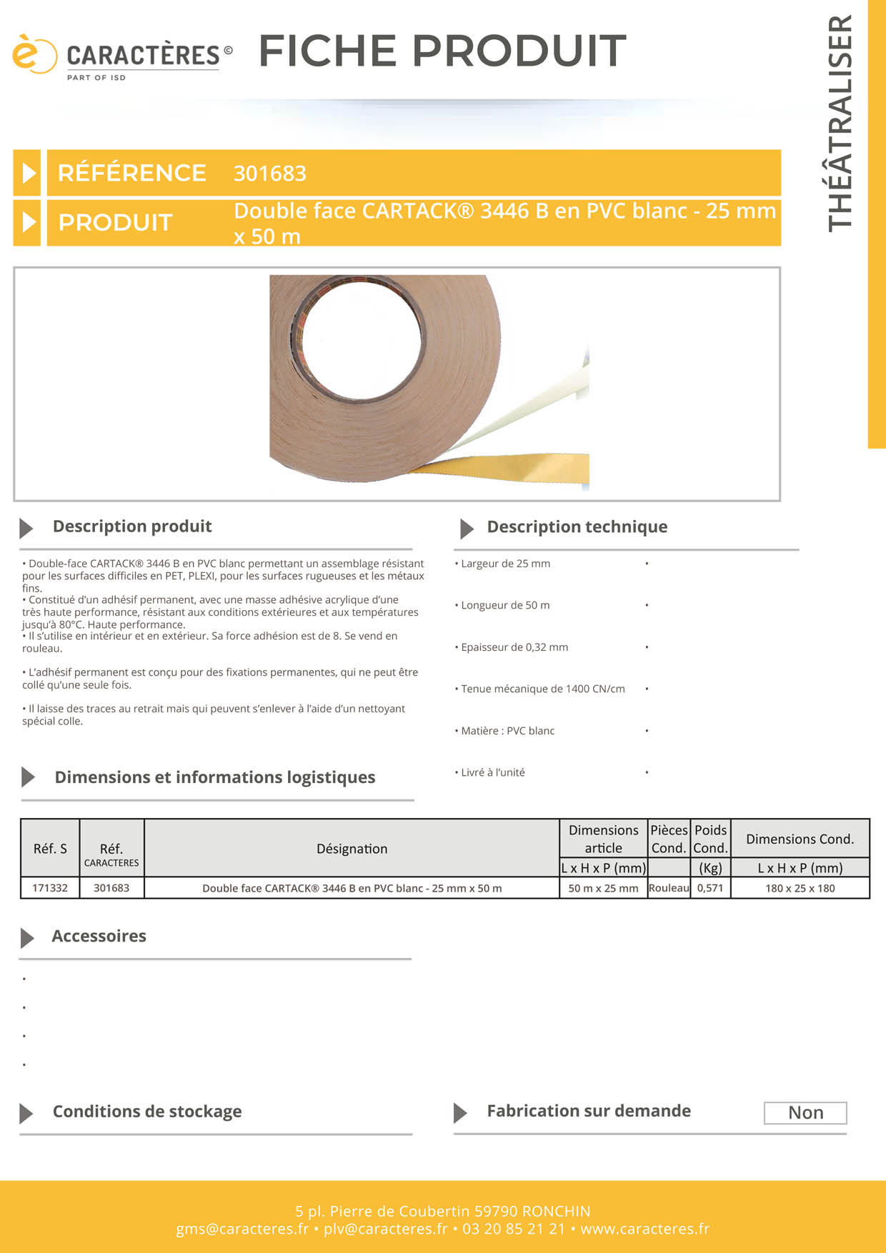 Double face CARTACK® 3446 B en PVC blanc - 25 mm x 50 m