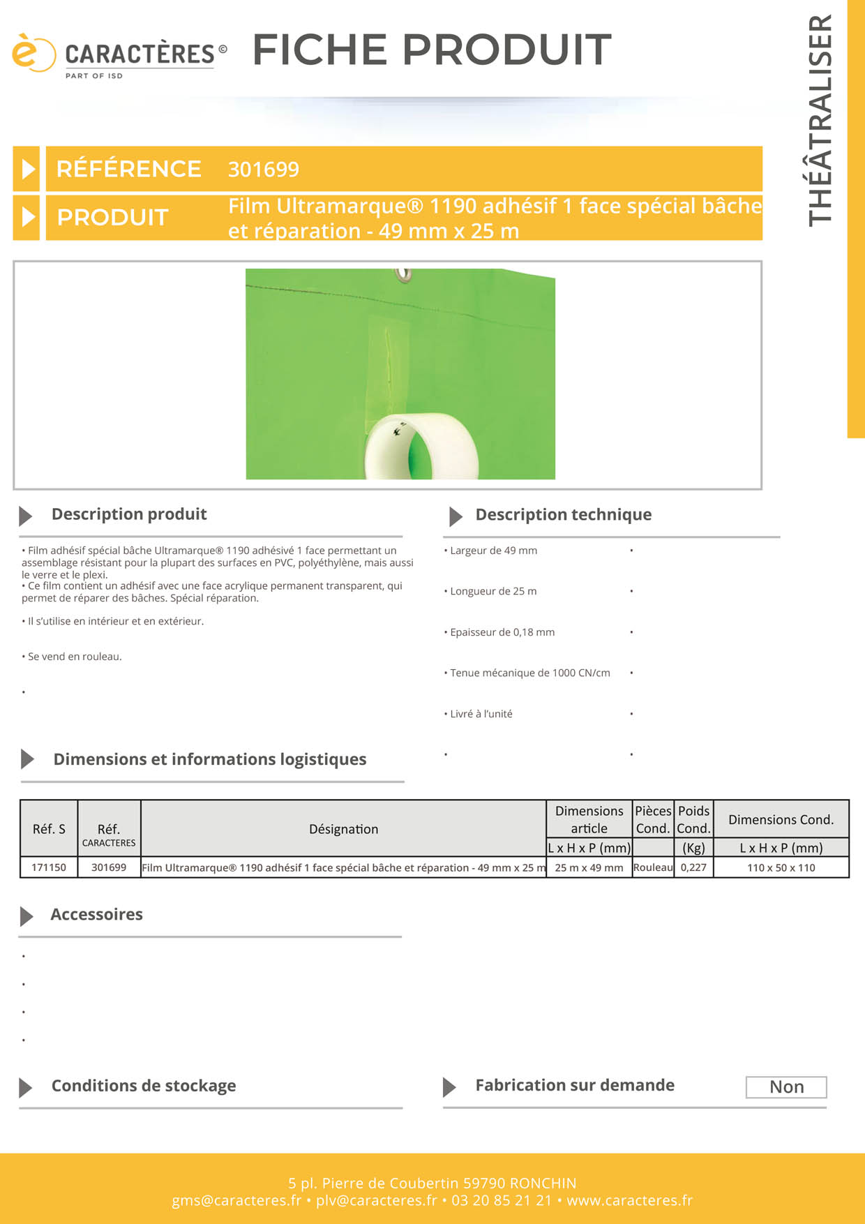 Film Ultramarque® 1190 adhésif 1 face spécial bâche et réparation - 49 mm x 25 m