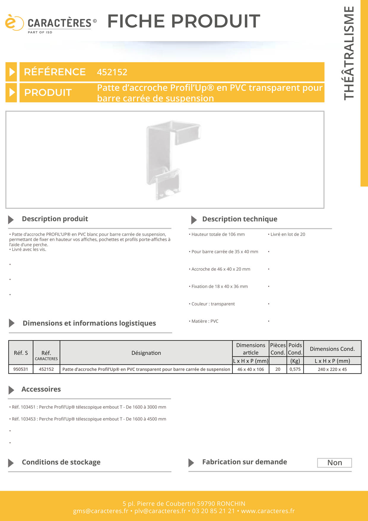 Patte d'accroche Profil'Up® en PVC transparent pour barre carrée de suspension