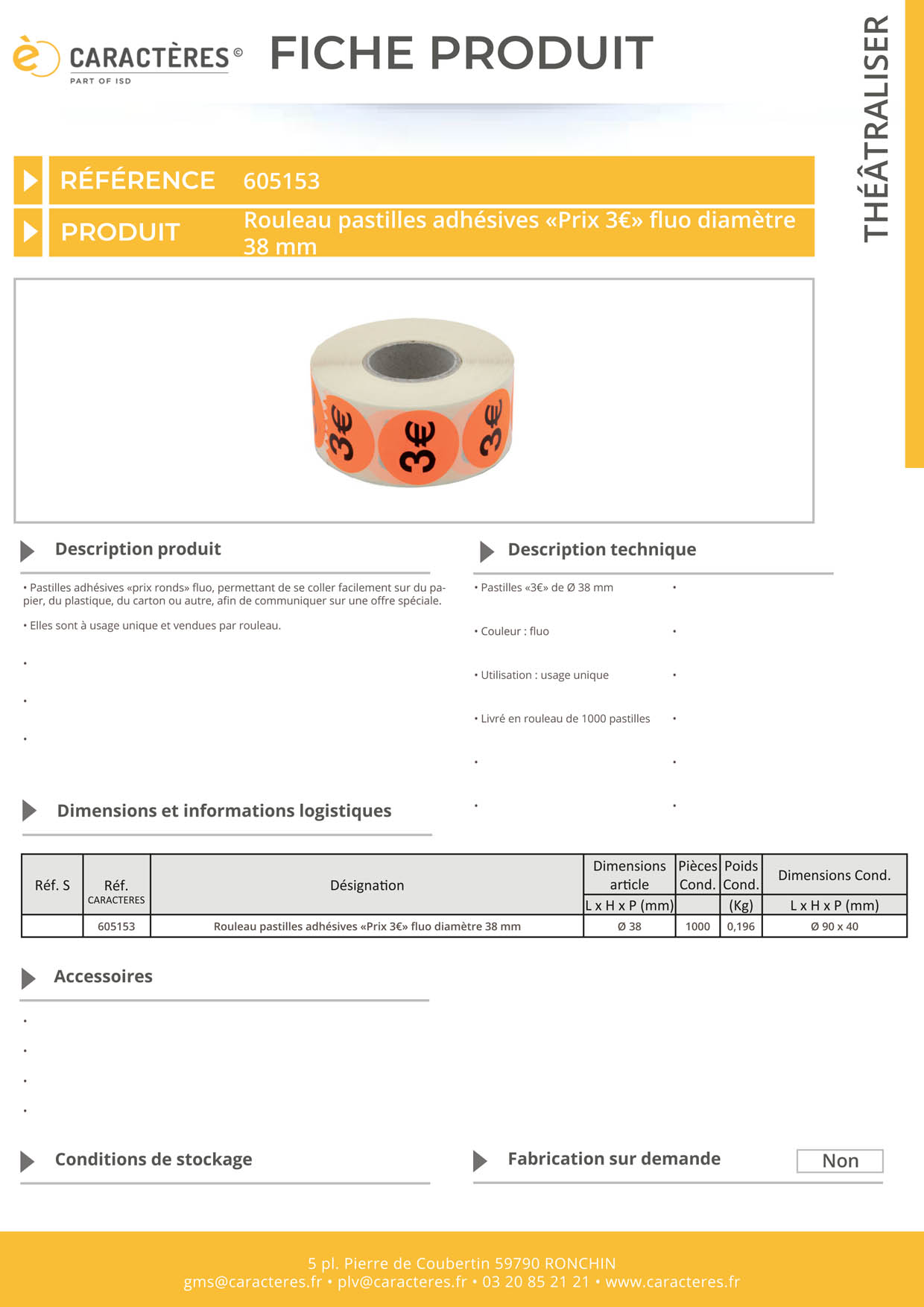 Pastilles adhésives prix rond de "3€" fluo de Ø 38 mm