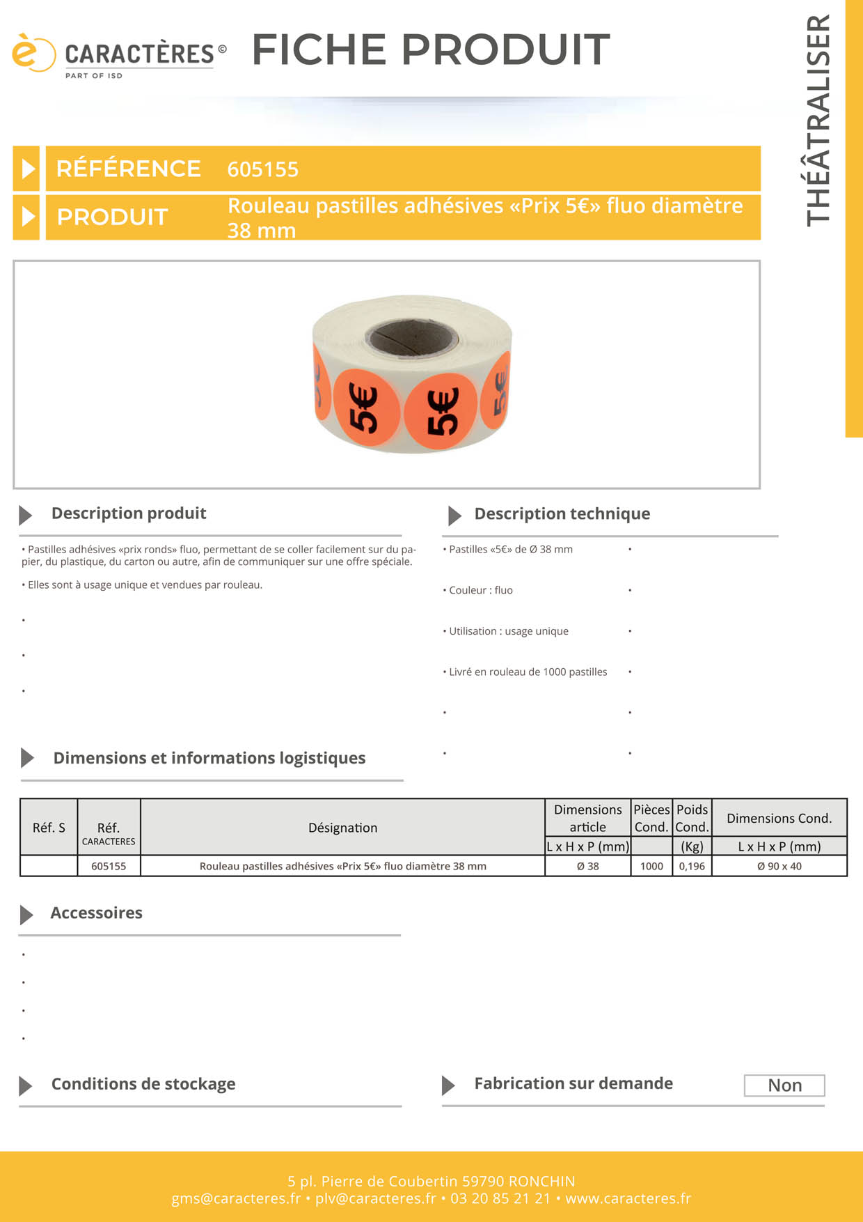 Pastilles adhésives prix rond de "5€" fluo de Ø 38 mm