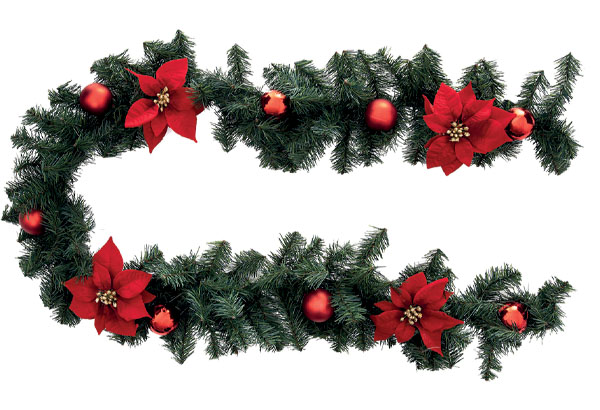 Guirlande sapin vert poinsettia et boules rouges - Longueur 2 m - Diamètre 20 cm