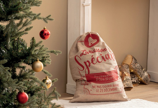Hotte du Père Noël en toile de jute imprimée - Hauteur 70 cm - 50 x 1 cm