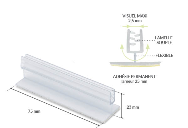 Grip en T flexible adhésif permanent en 75 mm - Base de 25 mm