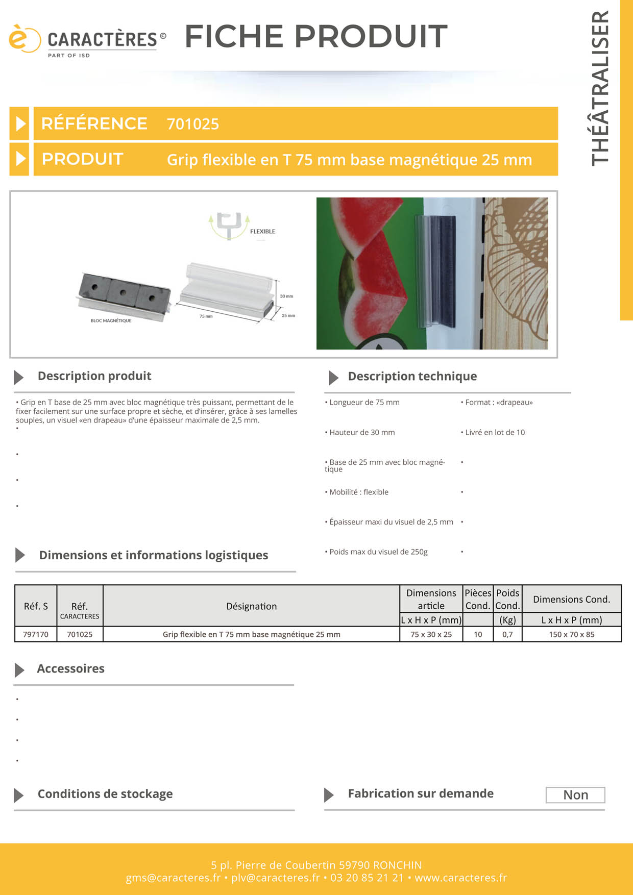 Grip en T flexible bloc magnétique en 75 mm - Base de 25 mm