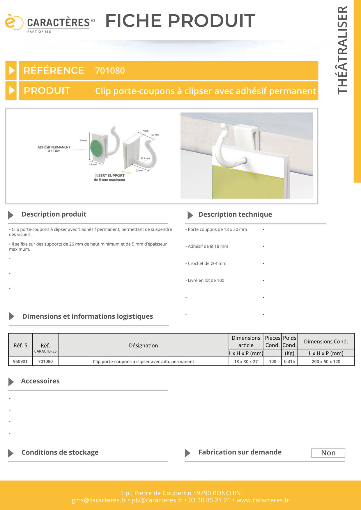 Clip porte-coupons à clipser de 18 x 30 mm - Avec adhésif permanent