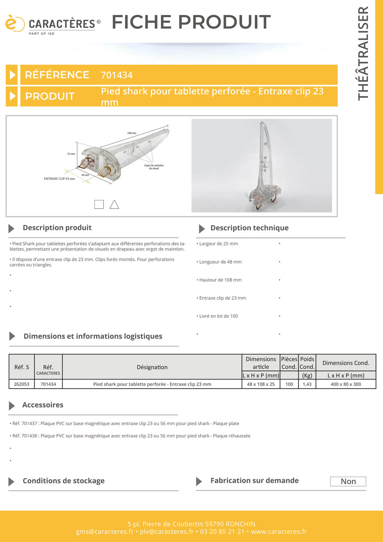 Pied Shark® avec entraxe de 23 mm pour tablettes perforées - 48 x 25 x 108 mm