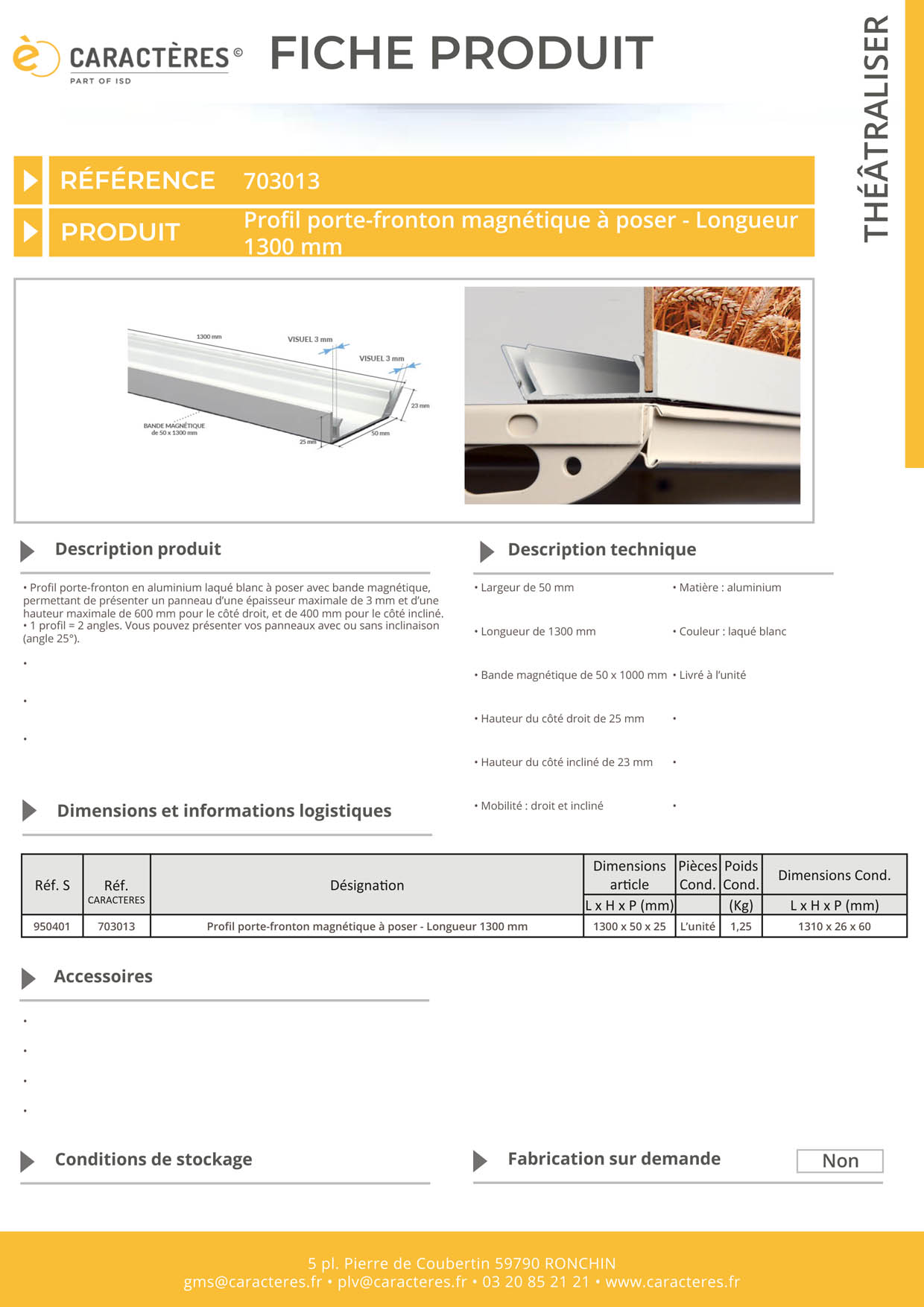 Profil porte-fronton magnétique à poser avec 2 angles - Longueur 1300 mm