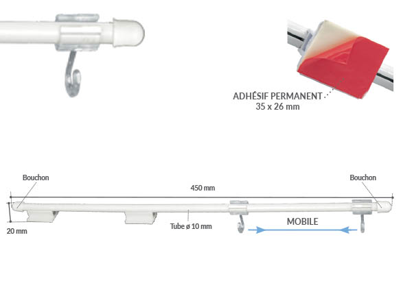 Potence en PVC de 450 mm avec base adhésive - 2 crochets ouverts