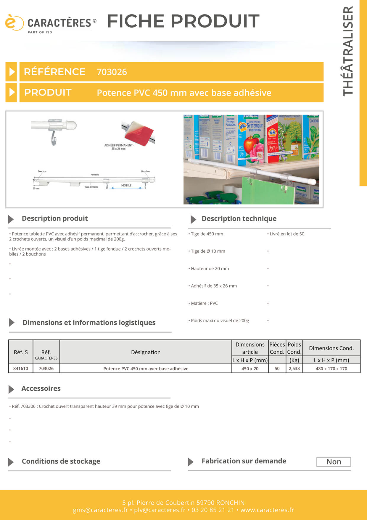 Potence en PVC de 450 mm avec base adhésive - 2 crochets ouverts