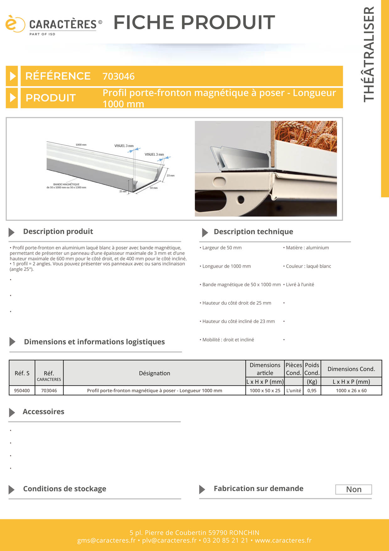 Profil porte-fronton magnétique à poser avec 2 angles - Longueur 1000 mm