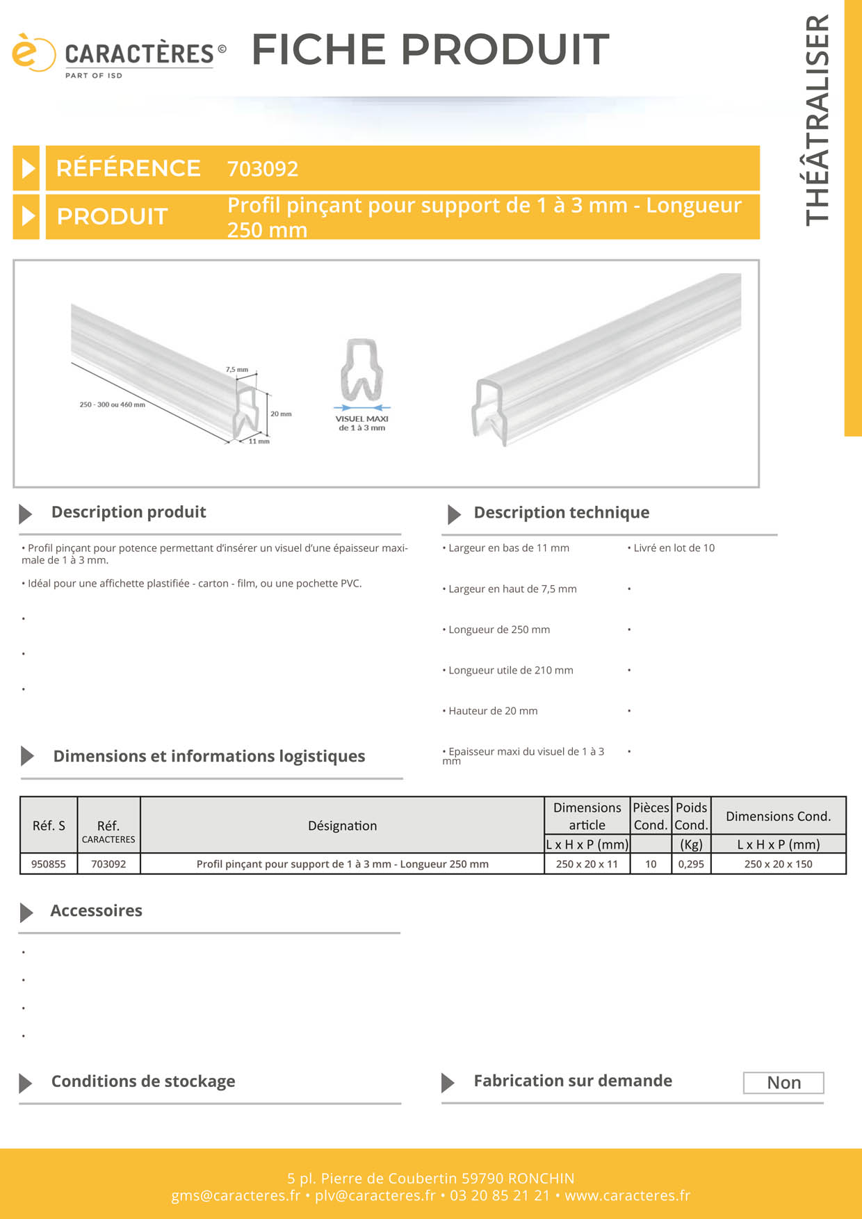 Profil pinçant pour support de 1 à 3 mm - Longueur 250 mm