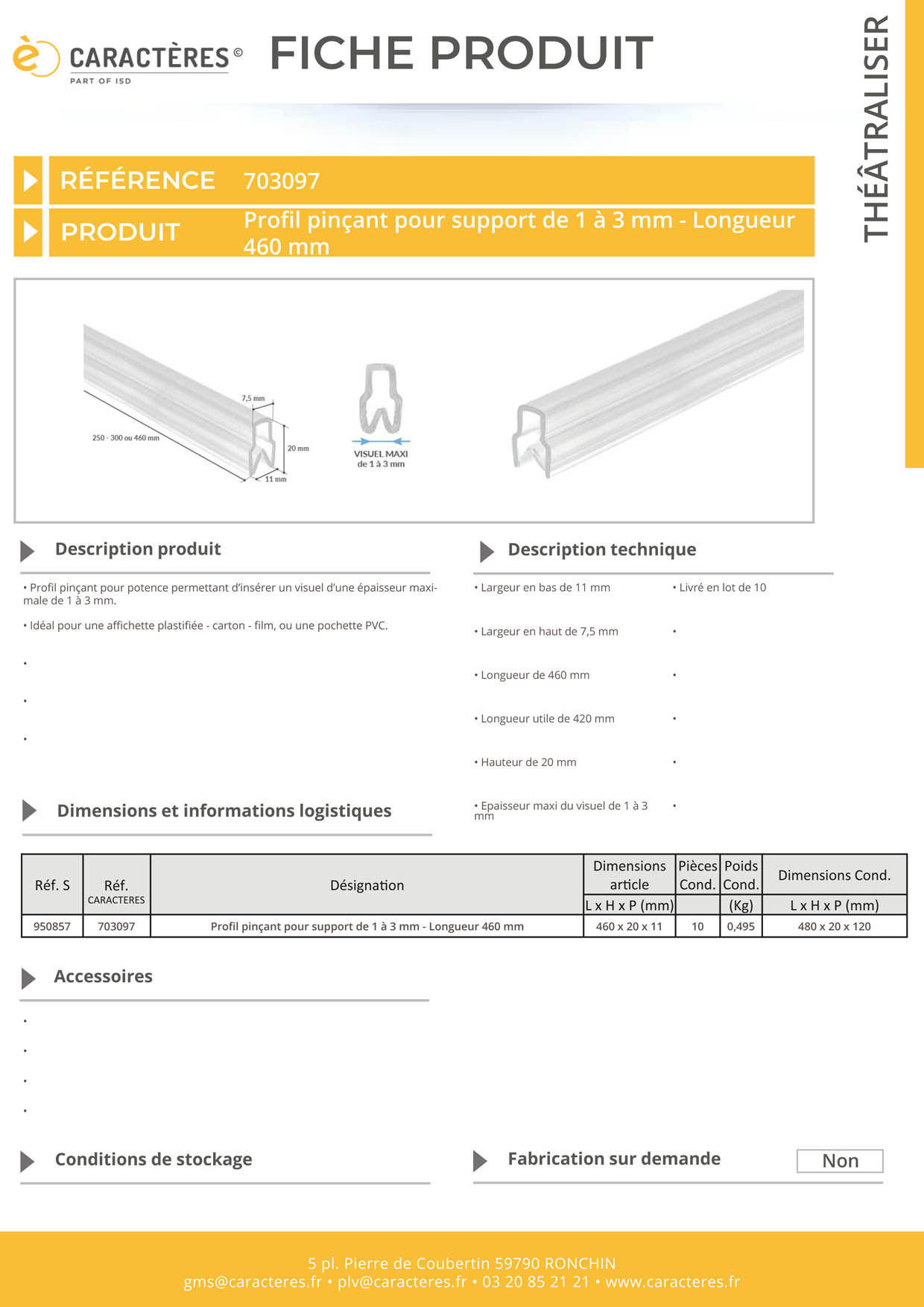 Profil pinçant pour support de 1 à 3 mm - Longueur 460 mm