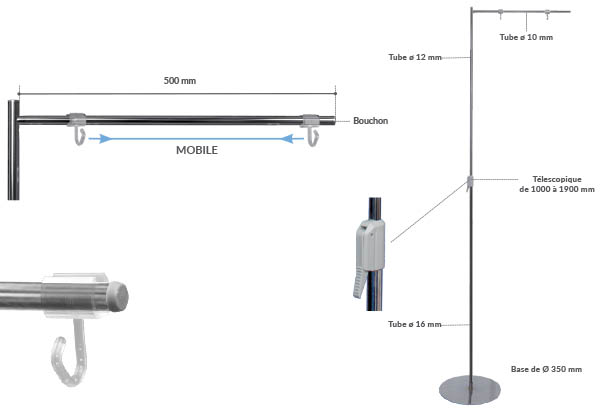 Potence palette simple et télescopique en métal chromée - Barre de 500 mm