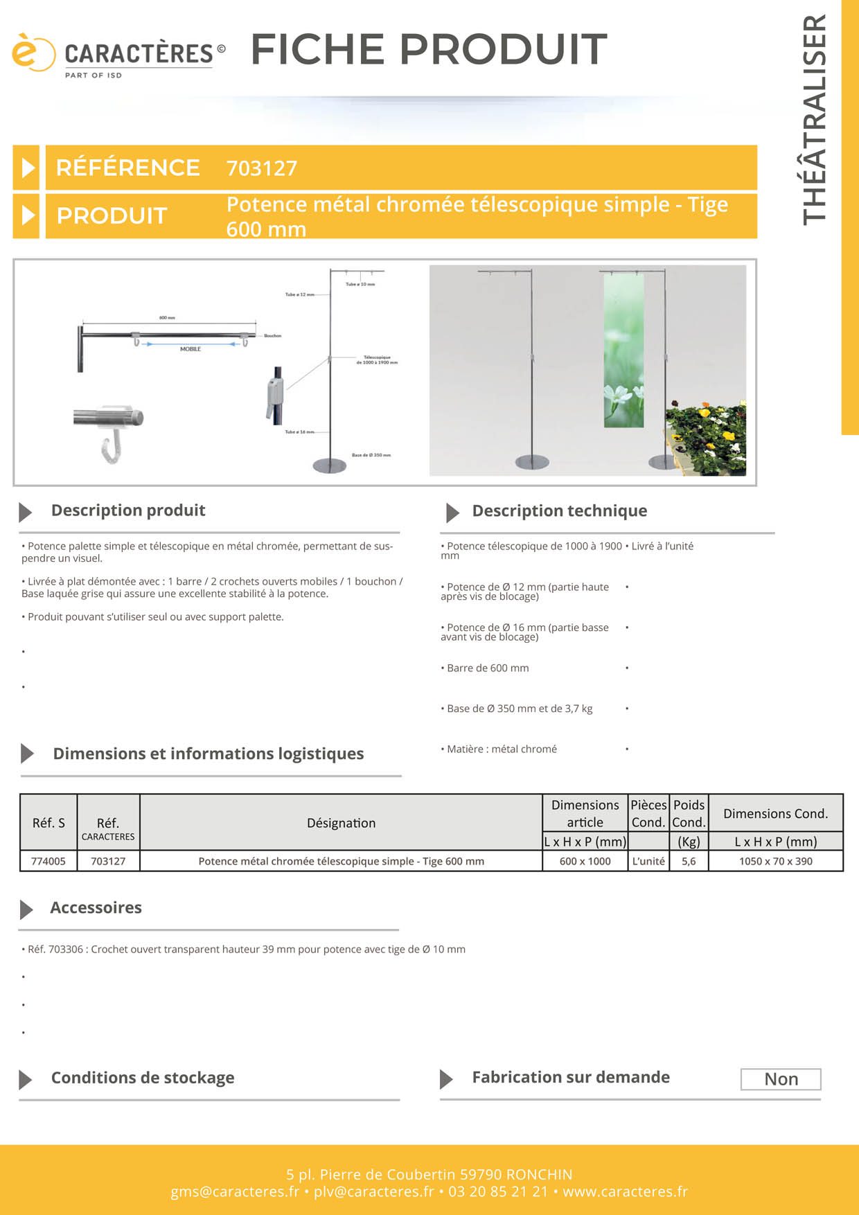 Potence palette simple et télescopique en métal chromée - Barre de 600 mm