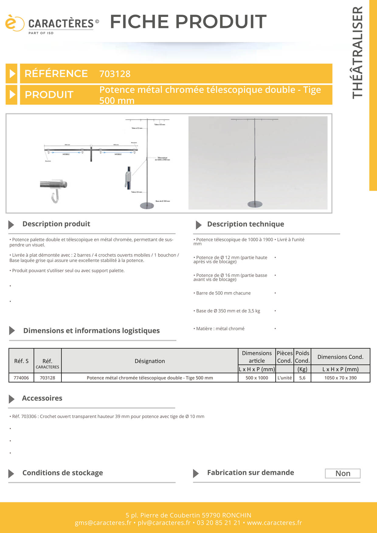 Potence palette double et télescopique en métal chromée - Barre de 500 mm