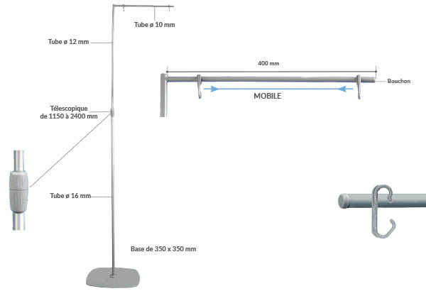 Potence palette simple et télescopique en métal gris - De 1150 à 2400 mm