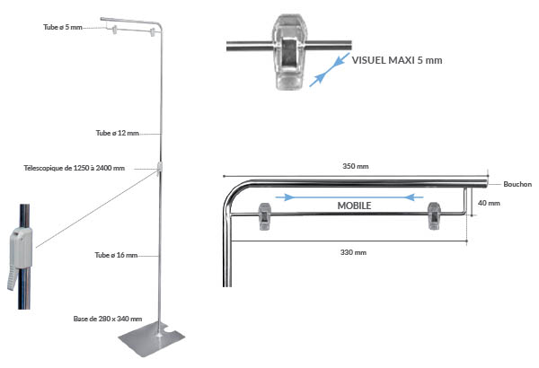 Maxi potence palette simple et télescopique en métal - De 1250 à 2400 mm