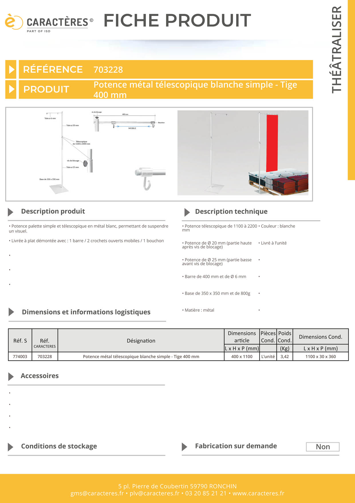 Potence palette simple et télescopique en métal blanc - De 1100 à 2200 mm