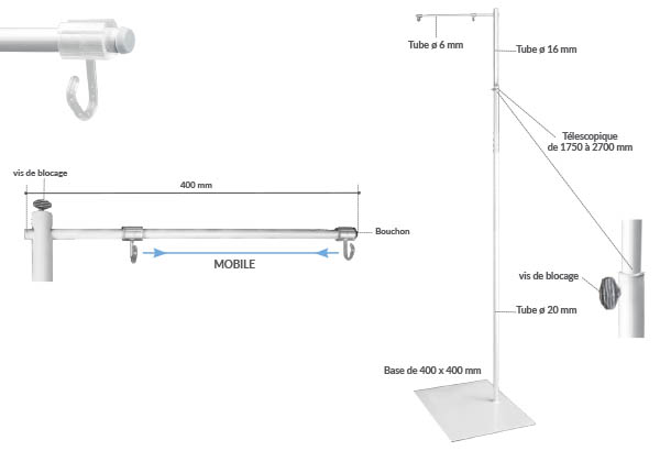 Maxi potence palette simple et télescopique en métal blanc - De 1750 à 2700 mm
