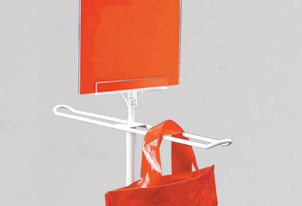 Potence porte-sacs sur pied - Base 350 x 350 mm - Hauteur 1100 mm - Porte affiche A4