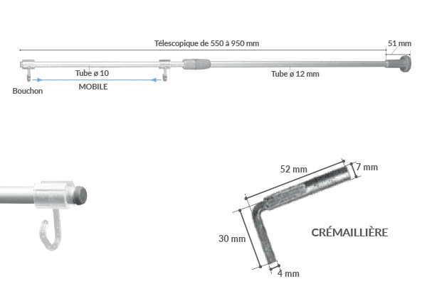 Potence murale multibase télescopique pour crémaillère - De 550 à 950 mm