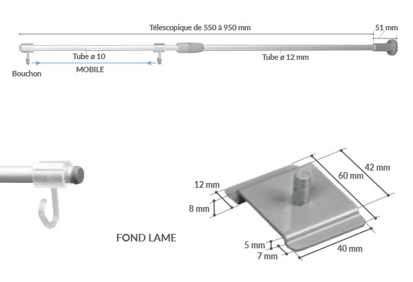 Potence murale multibase télescopique pour fond lame - De 550 à 950 mm