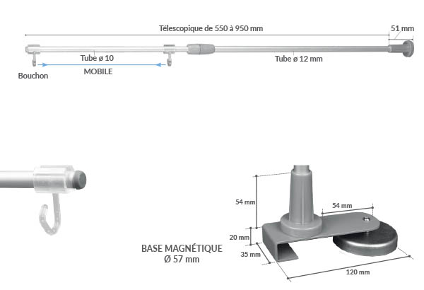 Potence murale multibase télescopique avec base magn - De 550 à 950 mm