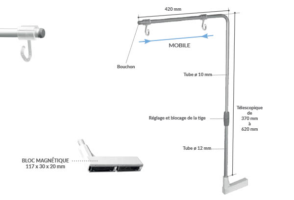 Potence réhaussée télescopique de 420 mm base magnétique - 2 crochets ouverts