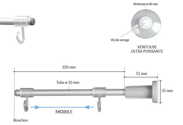 Potence fixe en aluminium avec base ventouse de Ø 60 mm - Tige de 220 mm